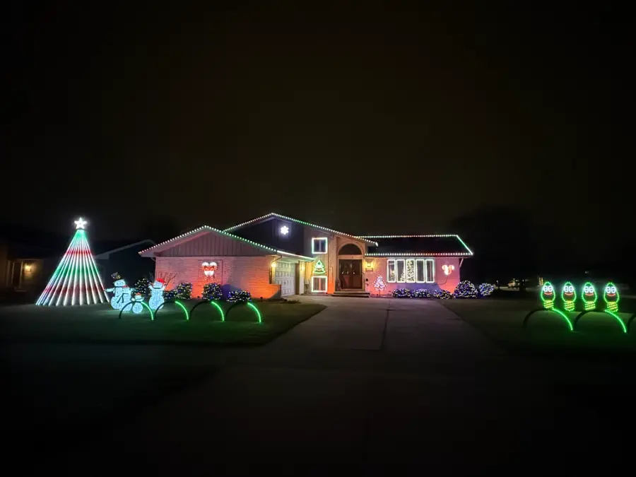 The whole yard with the arches and singing bulbs in green.